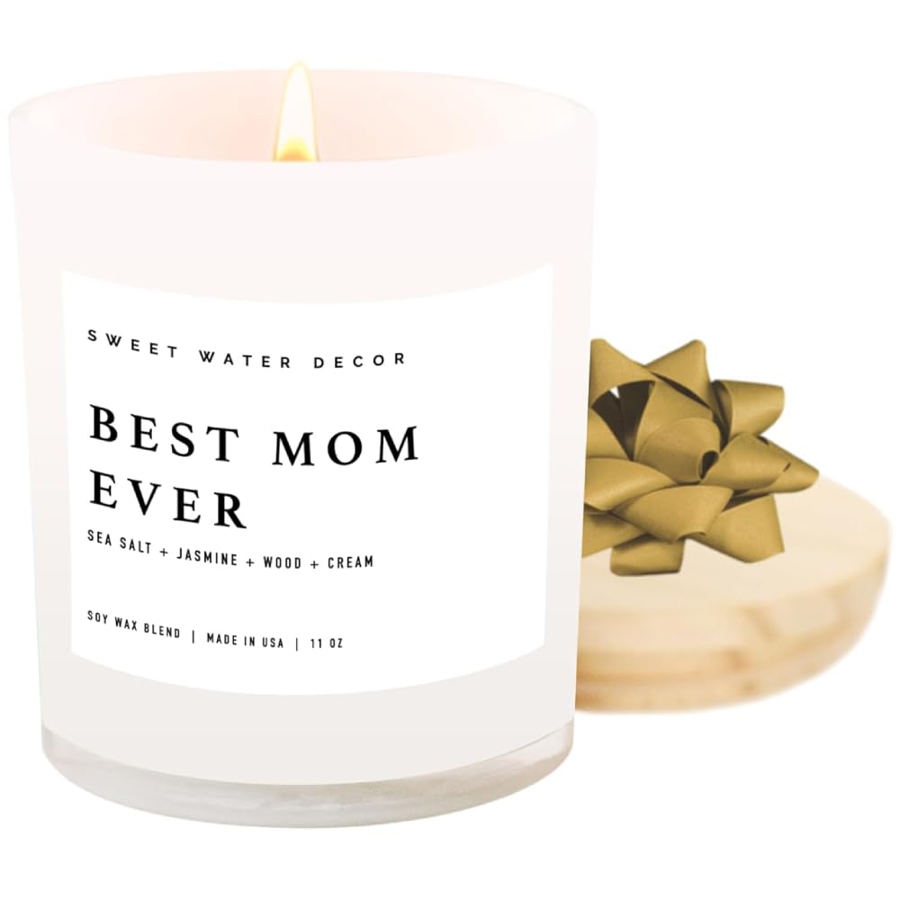 Sweet Water Decor Salt and Sea Candle - Sea Salt, Citrus, Amber, Musk, Beach Scented Soy Candles for Home - 11oz White Glass Jar Wood Lid, 50 Hour Burn Time, Made in the USA
