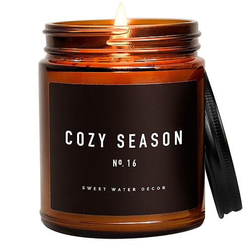 Sweet Water Decor Warm and Cozy Soy Candle - Orange Peel, Cinnamon, Ginger and Clove Scented Candles for Home - 9oz Amber Jar Black Lid, 40 Hour Burn Time, Made in the USA