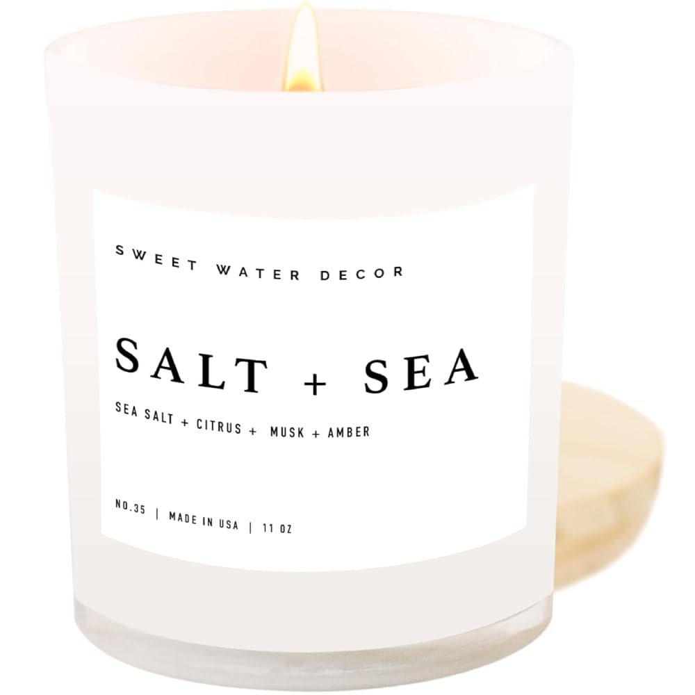 Sweet Water Decor Salt and Sea Candle - Sea Salt, Citrus, Amber, Musk, Beach Scented Soy Candles for Home - 11oz White Glass Jar Wood Lid, 50 Hour Burn Time, Made in the USA