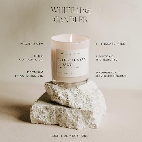 Sweet Water Decor Salt and Sea Candle - Sea Salt, Citrus, Amber, Musk, Beach Scented Soy Candles for Home - 11oz White Glass Jar Wood Lid, 50 Hour Burn Time, Made in the USA