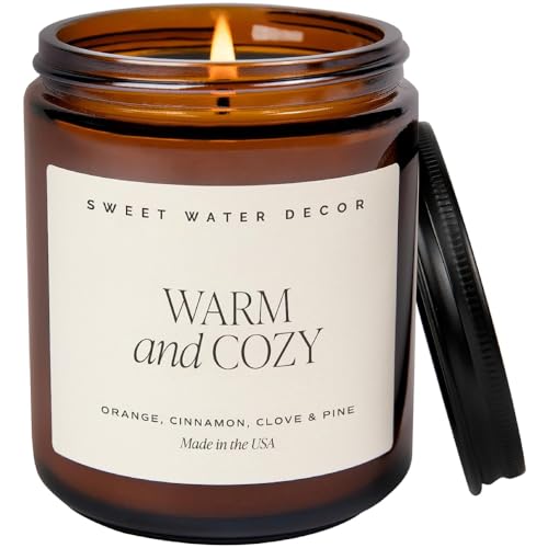 Sweet Water Decor Warm and Cozy Soy Candle - Orange Peel, Cinnamon, Ginger and Clove Scented Candles for Home - 9oz Amber Jar Black Lid, 40 Hour Burn Time, Made in the USA