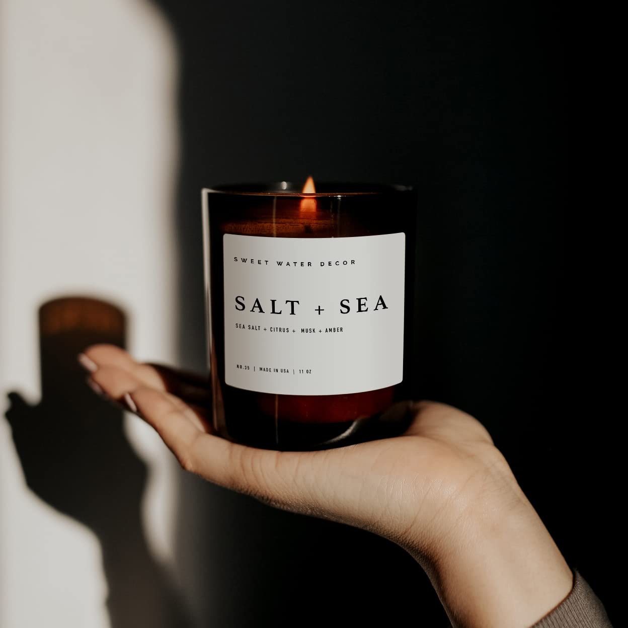 Sweet Water Decor Salt and Sea Candle - Sea Salt, Citrus, Amber, Musk, Beach Scented Soy Candles for Home - 11oz White Glass Jar Wood Lid, 50 Hour Burn Time, Made in the USA