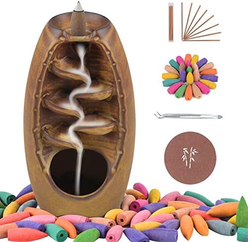 SPACEKEEPER Ceramic Backflow Incense Holder and Burner Waterfall, with 120 Backflow Incense Cones 30 Incense Stick, Aromatherapy Ornament Home Decor, Blue Set