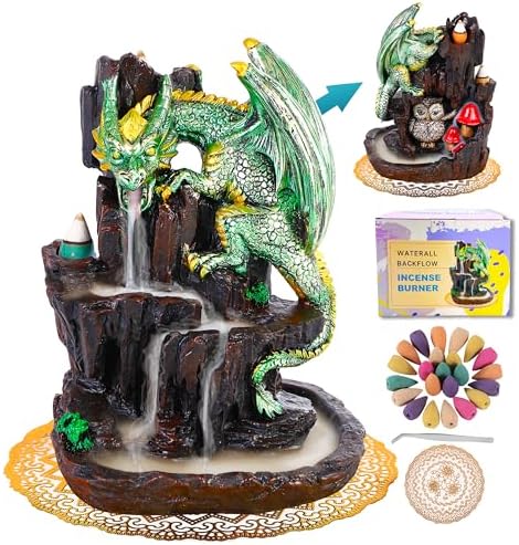 Zvaiuk Dragon Backflow 2 Sided Mountain Waterfall Incense Burner,Fountain Smoke Incense Holder with Backflow Incense Cones, Tweezers, Mat,Resin Aromatherapy Meditationvaiuk (Green)