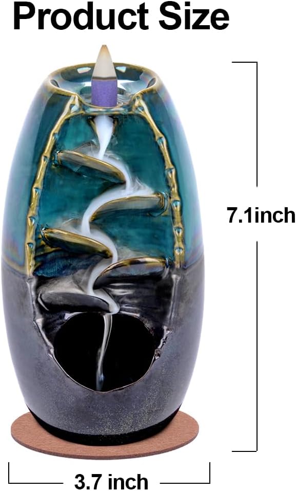 SPACEKEEPER Ceramic Backflow Incense Holder and Burner Waterfall, with 120 Backflow Incense Cones 30 Incense Stick, Aromatherapy Ornament Home Decor, Blue Set