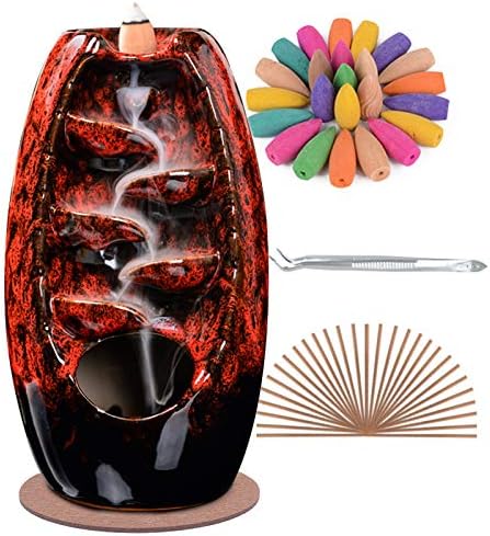 SPACEKEEPER Ceramic Backflow Incense Holder and Burner Waterfall, with 120 Backflow Incense Cones 30 Incense Stick, Aromatherapy Ornament Home Decor, Blue Set