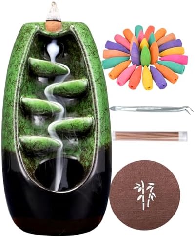 SPACEKEEPER Ceramic Backflow Incense Holder and Burner Waterfall, with 120 Backflow Incense Cones 30 Incense Stick, Aromatherapy Ornament Home Decor, Blue Set