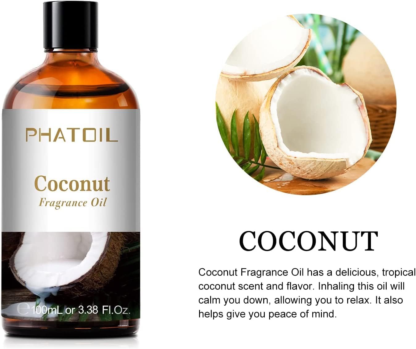 PHATOIL 3.38 FL.OZ Coconut & Vanilla Fragrance Oils for Aromatherapy, Essential Oils for Diffusers for Home, Perfect for Diffuser, Yoga, DIY Candle and Soap Making - 100ml