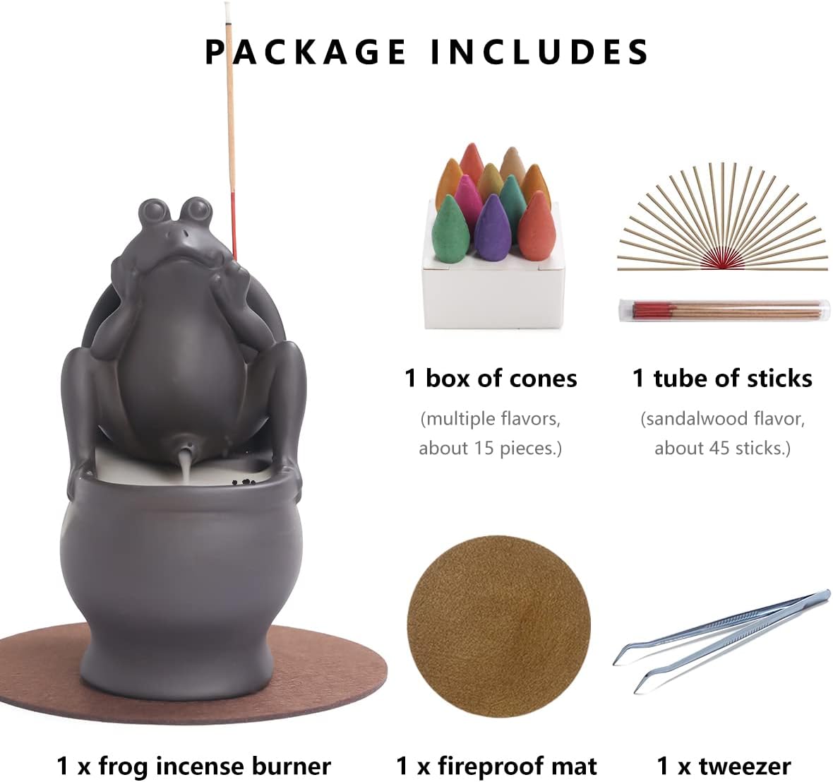 ChangWanna Frog Incense Stick Holder - Ceramic Insence Burner Ash Catcher, Insense Stand with 45 Sandalwood Sticks, Ornament for Aromatherapy/Yoga/Meditation/Home Living Room Office Decor