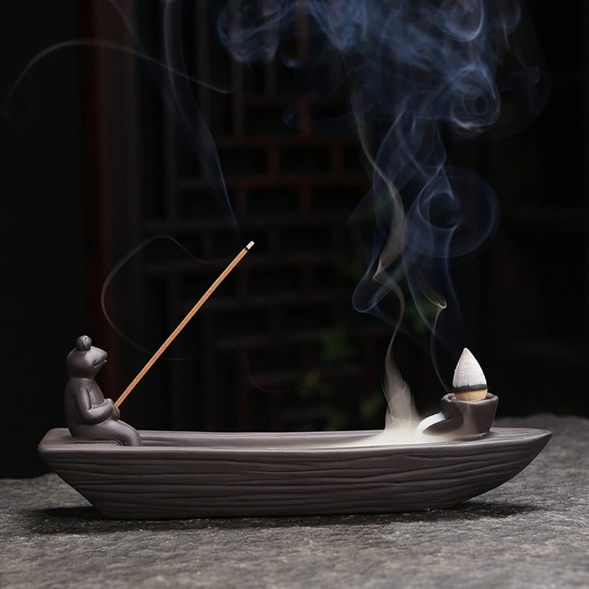 ChangWanna Frog Incense Stick Holder - Ceramic Insence Burner Ash Catcher, Insense Stand with 45 Sandalwood Sticks, Ornament for Aromatherapy/Yoga/Meditation/Home Living Room Office Decor