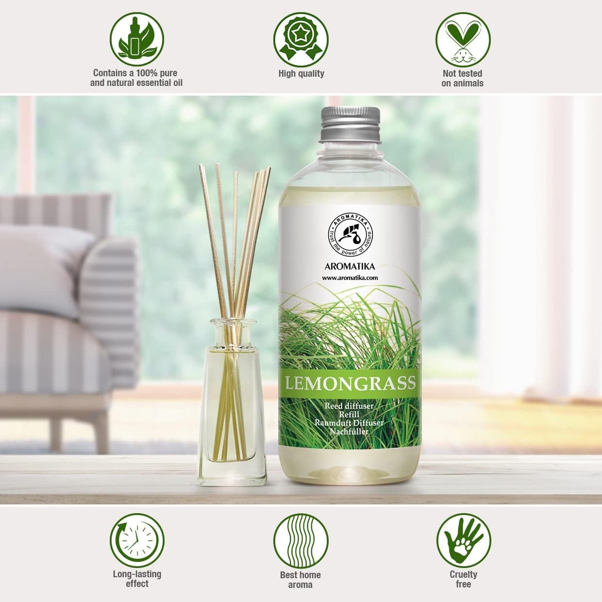 Lemongrass Diffuser Refill 34 Fl Oz (2x17 Fl Oz) - Fresh & Long Lasting Fragrance - Refill with Natural Essential Lemongrass Oil - for Aromatherapy - Spa - Home - Reed Diffuser Oil Refill Lemongrass