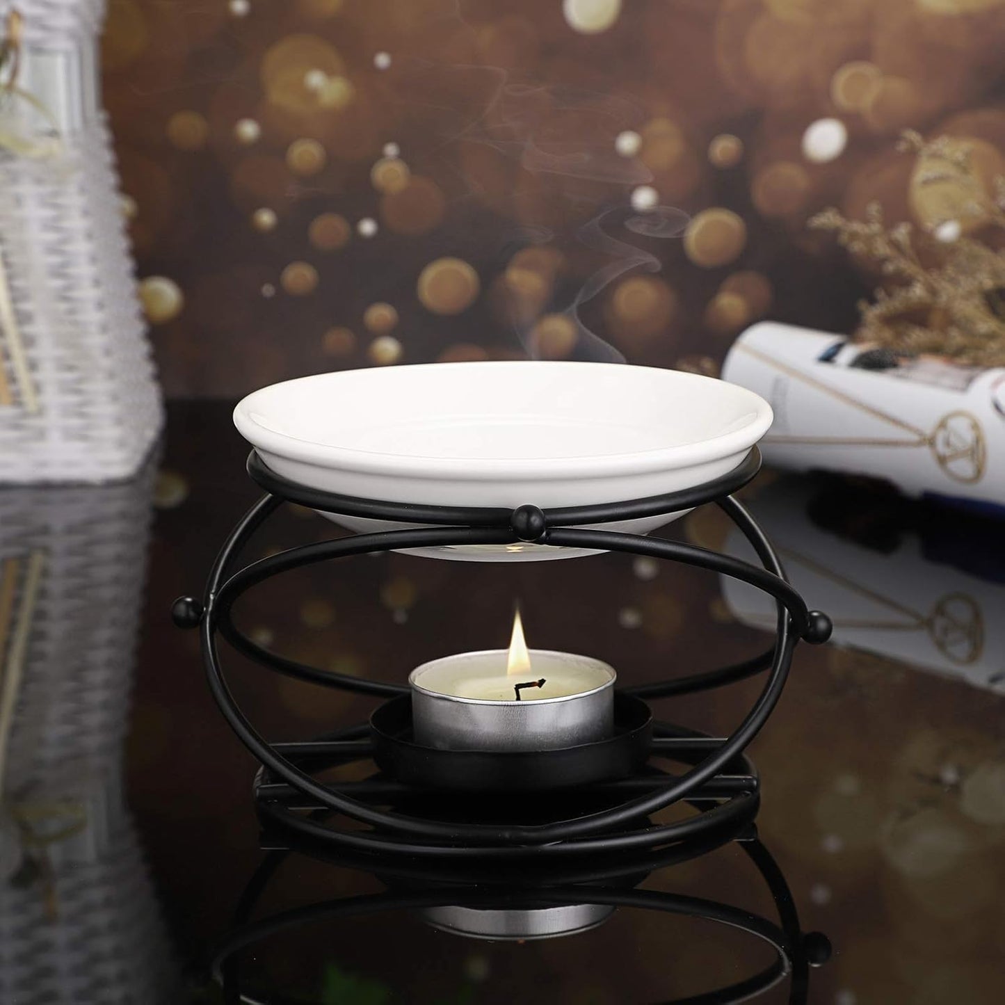 JuxYes European Metal Oil Burner Wax Warmer, Delicate Romantic Ceramic Tealight Candle Holder Oil Burner, Fragrance Warmer Aromatherapy Wax Candle Tart Burner Warmer Diffuser for Home Bedroom Décor
