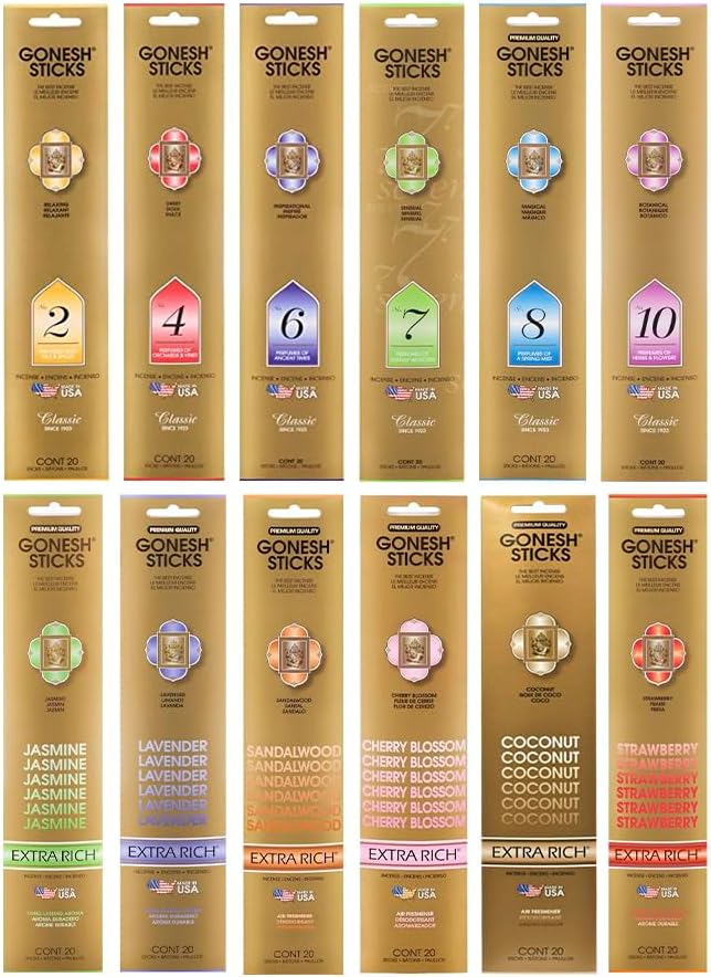 Gonesh - Incense Sticks Variety Pack - Non-Toxic 10” Slow Burn Aromatic Sticks - Classic Collection & Extra Rich Collection - 12 Packs of 20 Sticks
