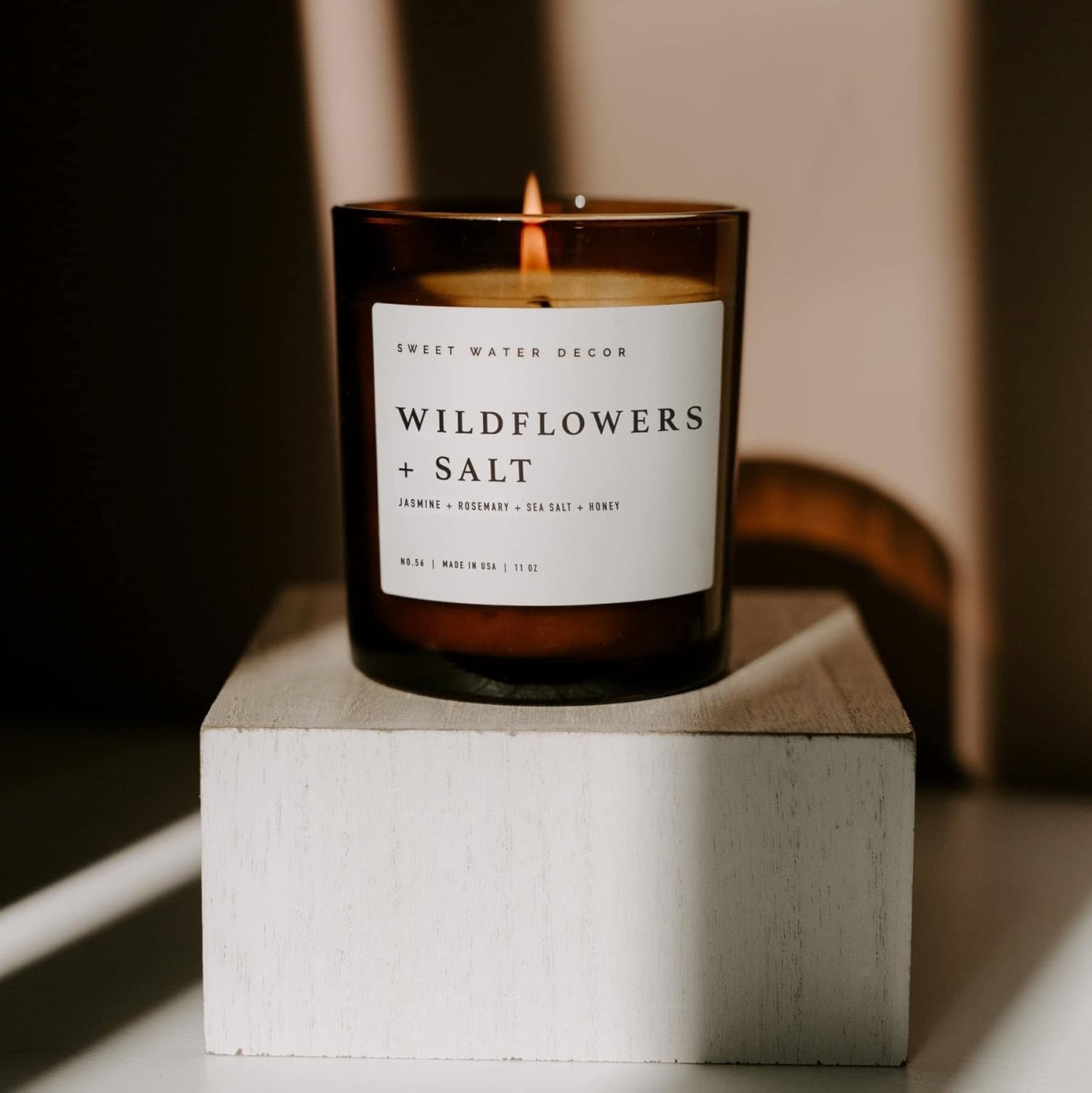 Sweet Water Decor Salt and Sea Candle - Sea Salt, Citrus, Amber, Musk, Beach Scented Soy Candles for Home - 11oz White Glass Jar Wood Lid, 50 Hour Burn Time, Made in the USA