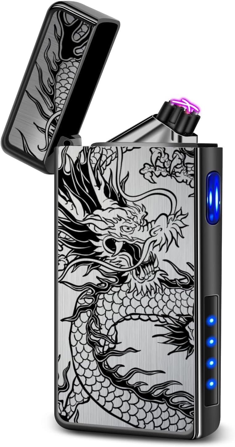 LcFun Electric USB Rechargeable Lighter, Windproof Plasma Dual Arc Lighter, Electronic Flameless Cool Lighters Gifts for Men Fathers Husband (Gold Dragon)