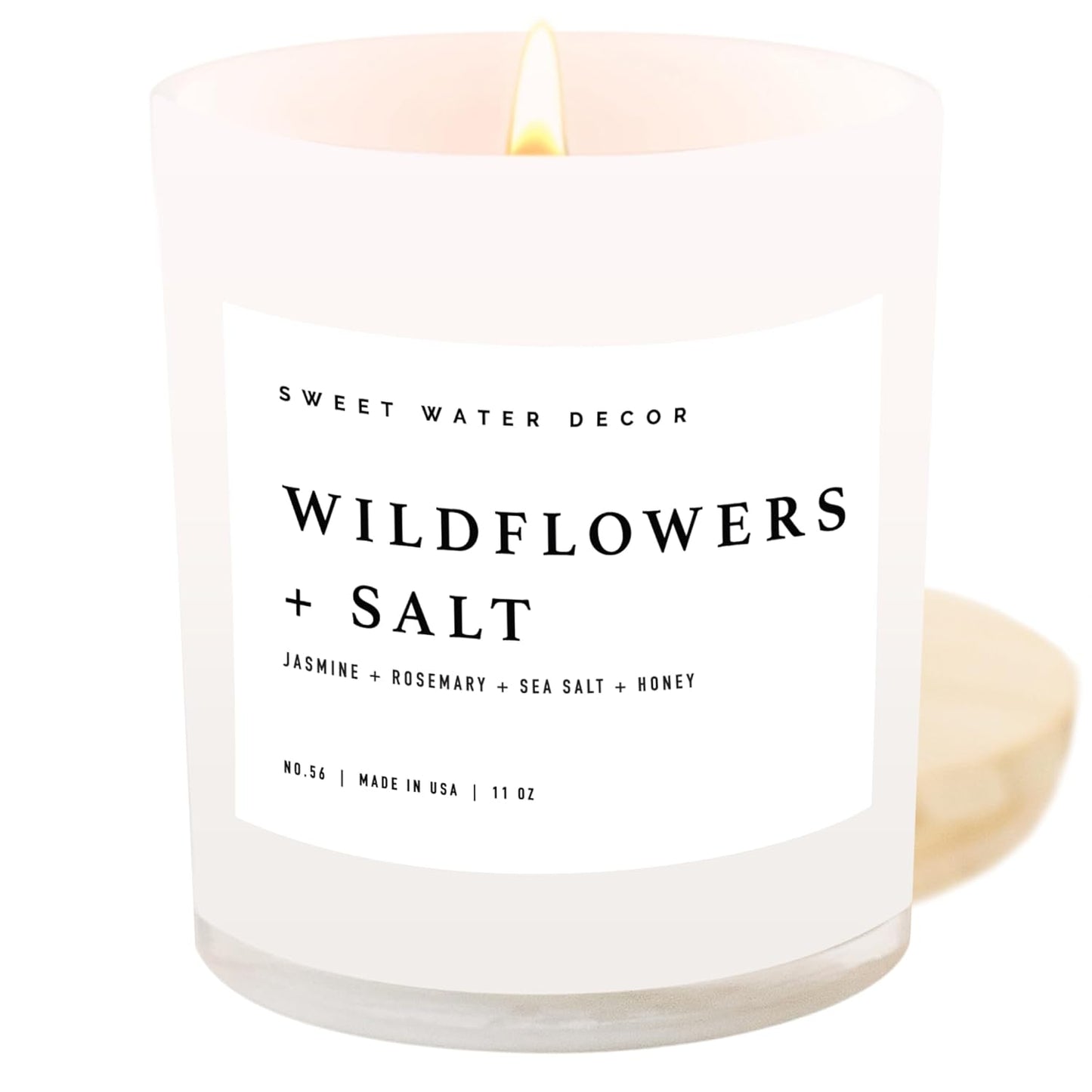 Sweet Water Decor Salt and Sea Candle - Sea Salt, Citrus, Amber, Musk, Beach Scented Soy Candles for Home - 11oz White Glass Jar Wood Lid, 50 Hour Burn Time, Made in the USA