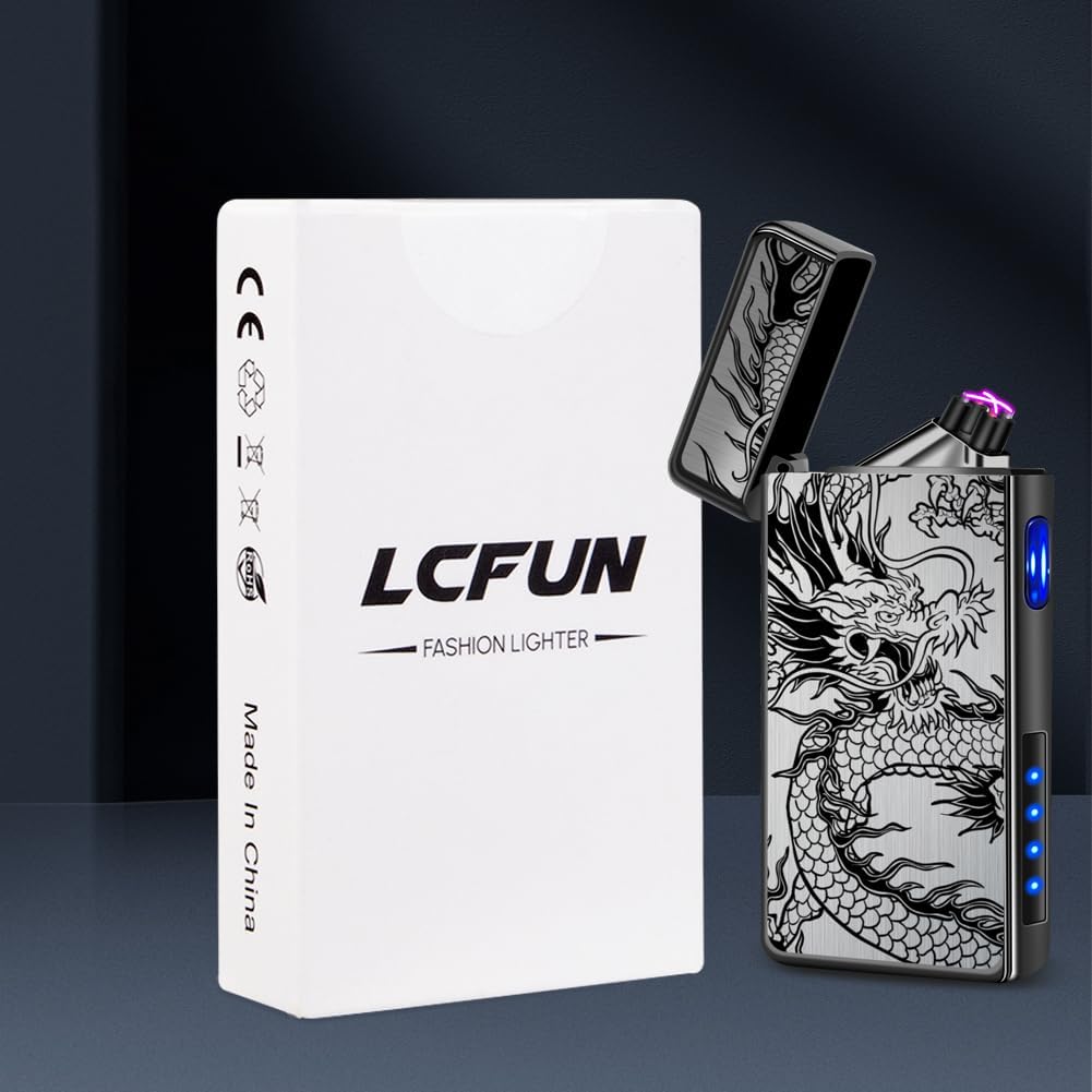 LcFun Electric USB Rechargeable Lighter, Windproof Plasma Dual Arc Lighter, Electronic Flameless Cool Lighters Gifts for Men Fathers Husband (Gold Dragon)