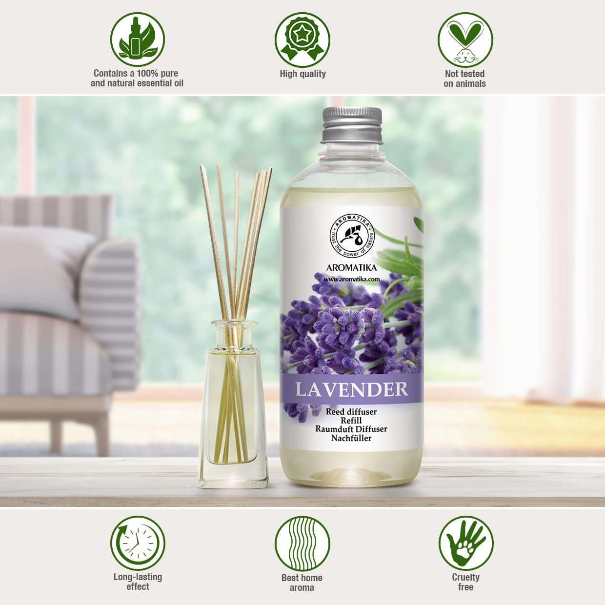 Reed Diffuser Refill Lavender with Lavender Essential Oil 34 Fl Oz - 2 x 500ml - Fragrance Oil Reed Diffuser Refill - Room Diffuser Refill - Lavender Room Freshener - Floral Fragrance