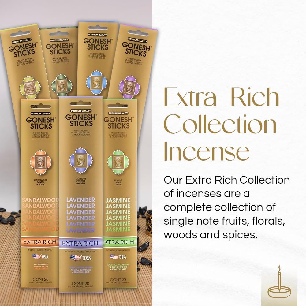 Gonesh - Incense Sticks Variety Pack - Non-Toxic 10” Slow Burn Aromatic Sticks - Classic Collection & Extra Rich Collection - 12 Packs of 20 Sticks