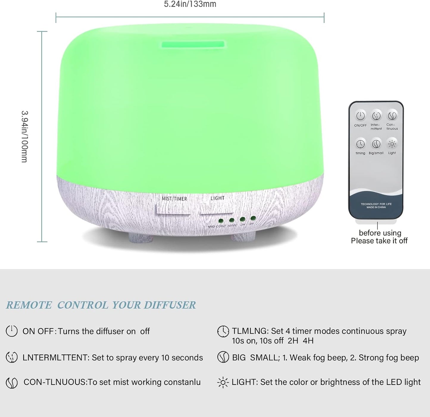 SPLITSKY Aromatherapy Essential Oil Home Diffuser with Remote Control, 300ML Large Room Cool Mist Air Humidifier, 8 Hours Quiet Operation, Timer, 7 Colors LED Night Night,Suitable Home,Yoga.