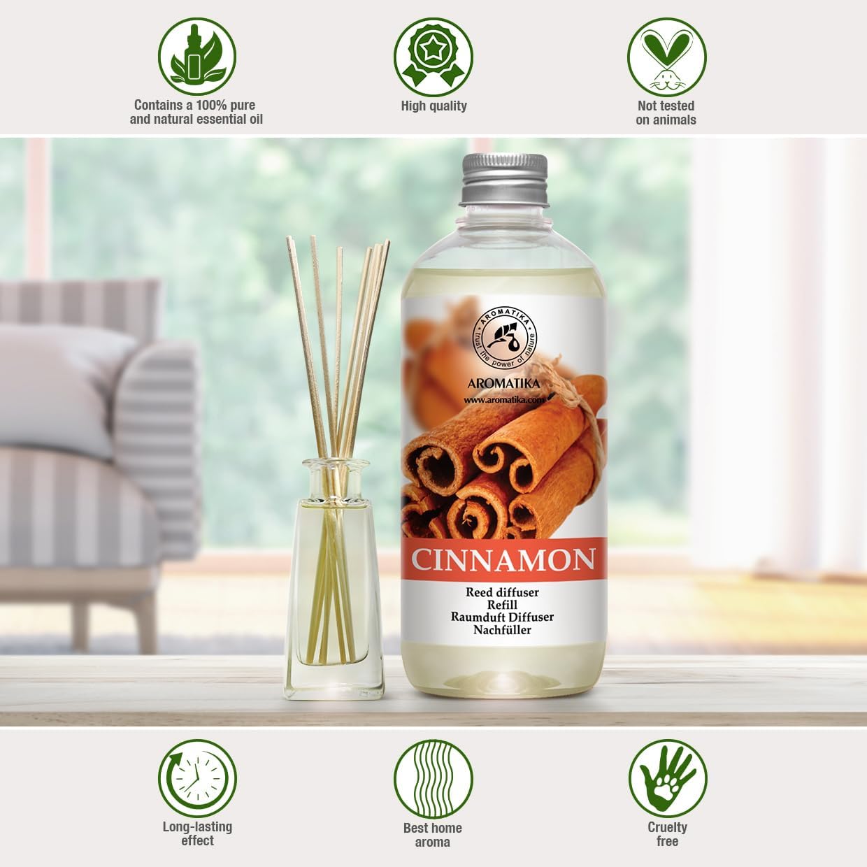 Cinnamon Reed Diffuser Refill with Natural Essential Cinnamon Oil 17 oz - Fresh & Long Lasting Fragrance - Best for Aromatherapy - Home - Office - Fitness Club - Restaurant - Boutique