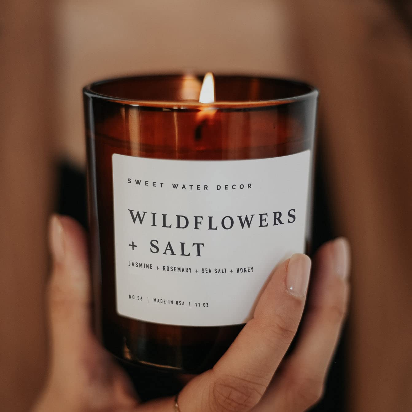 Sweet Water Decor Salt and Sea Candle - Sea Salt, Citrus, Amber, Musk, Beach Scented Soy Candles for Home - 11oz White Glass Jar Wood Lid, 50 Hour Burn Time, Made in the USA