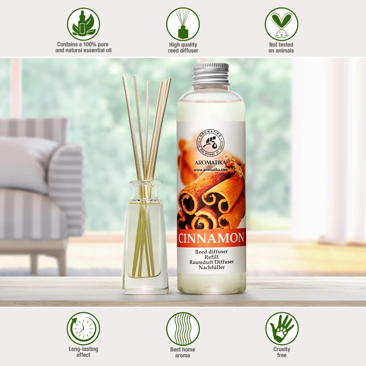 Cinnamon Reed Diffuser Refill with Natural Essential Cinnamon Oil 6.8 Fl Oz - Fresh & Long Lasting Fragrance - Reed Diffuser Oil Refill for Aromatherapy - Home - Fitness - Boutique