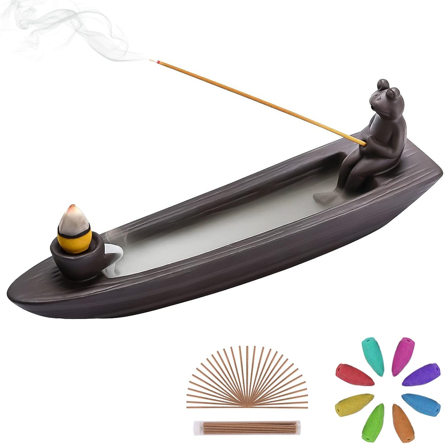 ChangWanna Frog Incense Stick Holder - Ceramic Insence Burner Ash Catcher, Insense Stand with 45 Sandalwood Sticks, Ornament for Aromatherapy/Yoga/Meditation/Home Living Room Office Decor