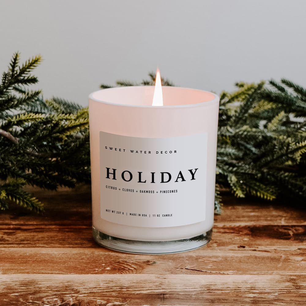 Sweet Water Decor Salt and Sea Candle - Sea Salt, Citrus, Amber, Musk, Beach Scented Soy Candles for Home - 11oz White Glass Jar Wood Lid, 50 Hour Burn Time, Made in the USA