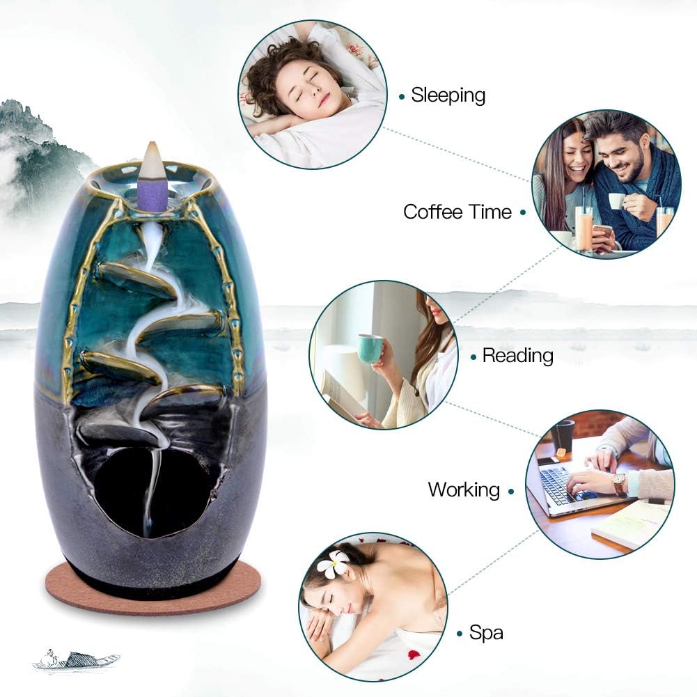 SPACEKEEPER Ceramic Backflow Incense Holder and Burner Waterfall, with 120 Backflow Incense Cones 30 Incense Stick, Aromatherapy Ornament Home Decor, Blue Set