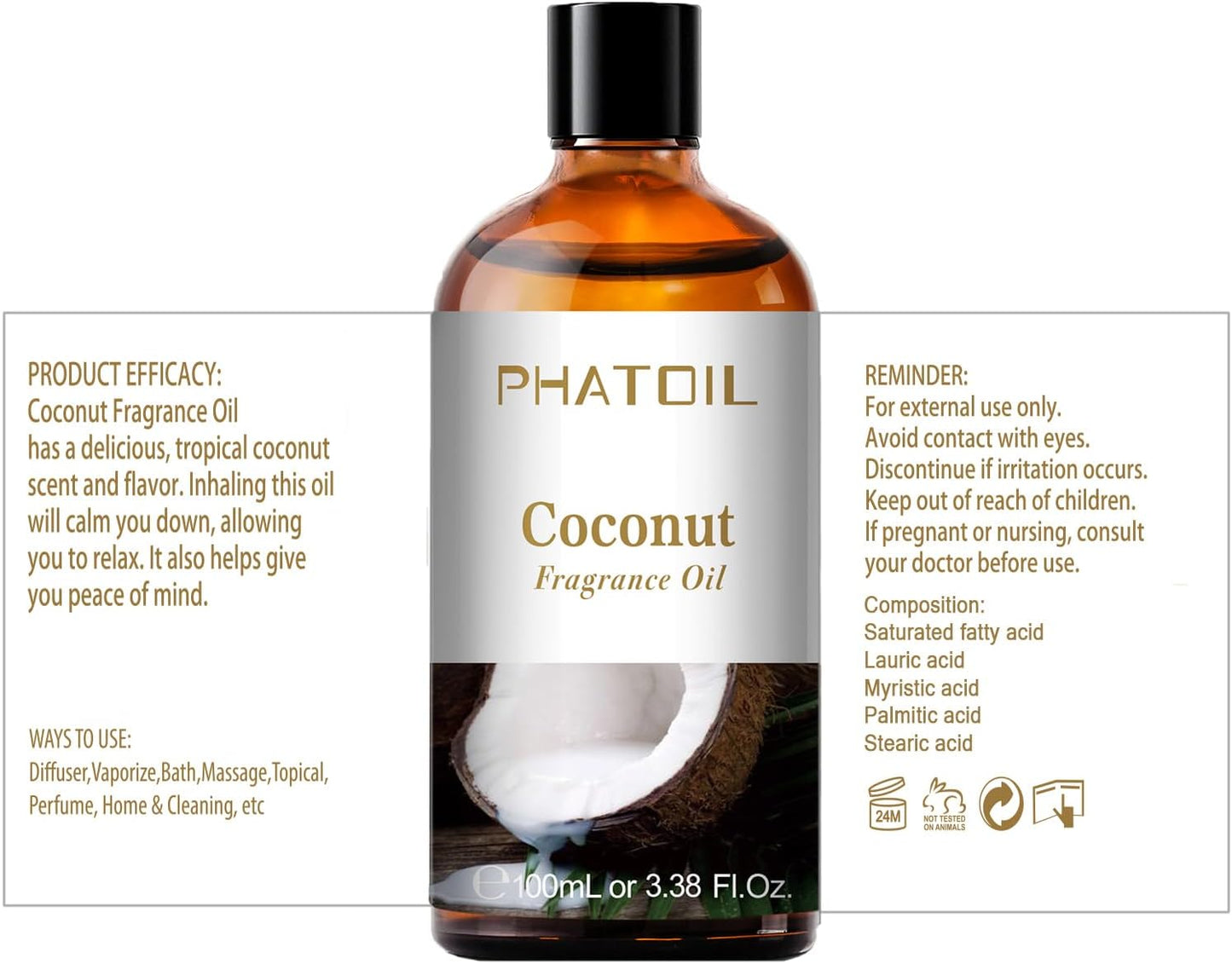 PHATOIL 3.38 FL.OZ Coconut & Vanilla Fragrance Oils for Aromatherapy, Essential Oils for Diffusers for Home, Perfect for Diffuser, Yoga, DIY Candle and Soap Making - 100ml