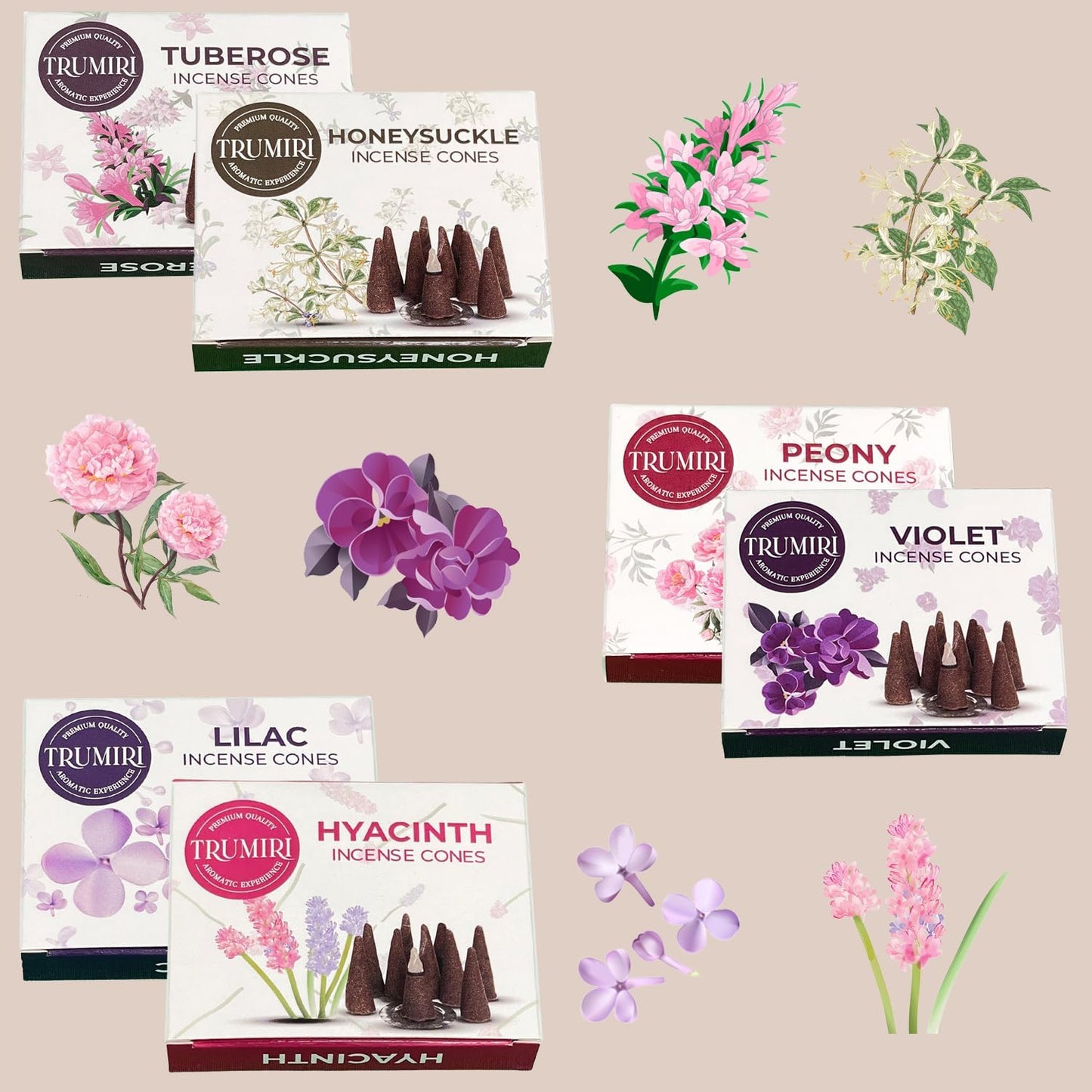 Trumiri Woody Incense Cones - Variety Pack - Total 60 Cone Incense (6 Scents x 10 Conos) - White Sage, Palo Santo, Dragons Blood, Sandalwood - Inscents-Cones Scented - Insense Cones - Incent Cone