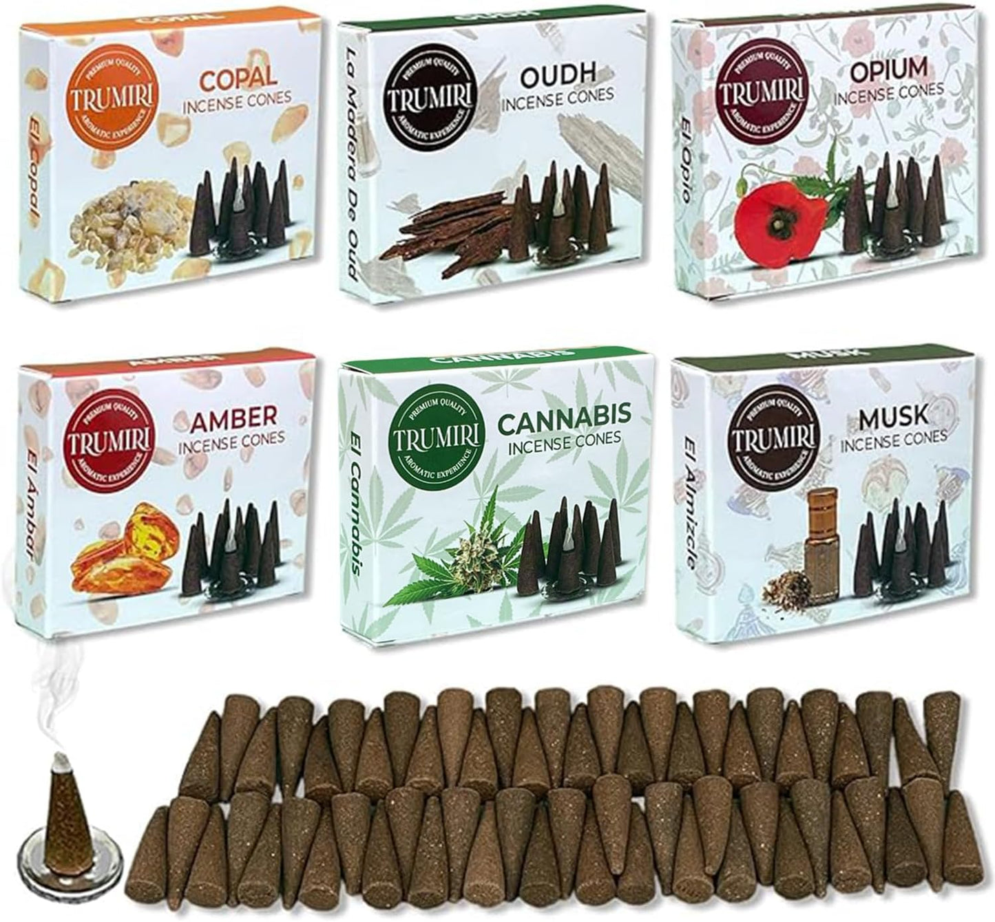 Trumiri Woody Incense Cones - Variety Pack - Total 60 Cone Incense (6 Scents x 10 Conos) - White Sage, Palo Santo, Dragons Blood, Sandalwood - Inscents-Cones Scented - Insense Cones - Incent Cone
