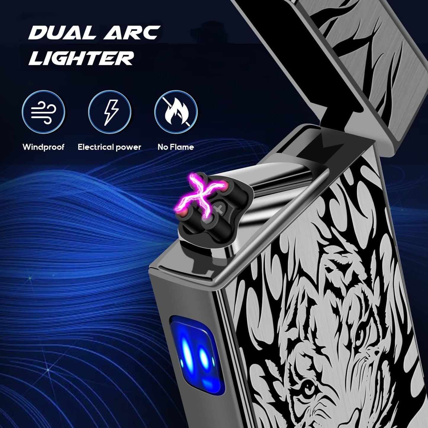 LcFun Electric USB Rechargeable Lighter, Windproof Plasma Dual Arc Lighter, Electronic Flameless Cool Lighters Gifts for Men Fathers Husband (Gold Dragon)