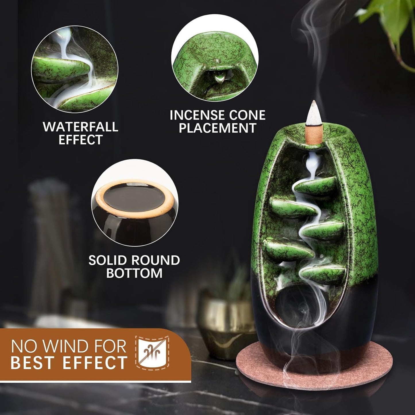 SPACEKEEPER Ceramic Backflow Incense Holder and Burner Waterfall, with 120 Backflow Incense Cones 30 Incense Stick, Aromatherapy Ornament Home Decor, Blue Set