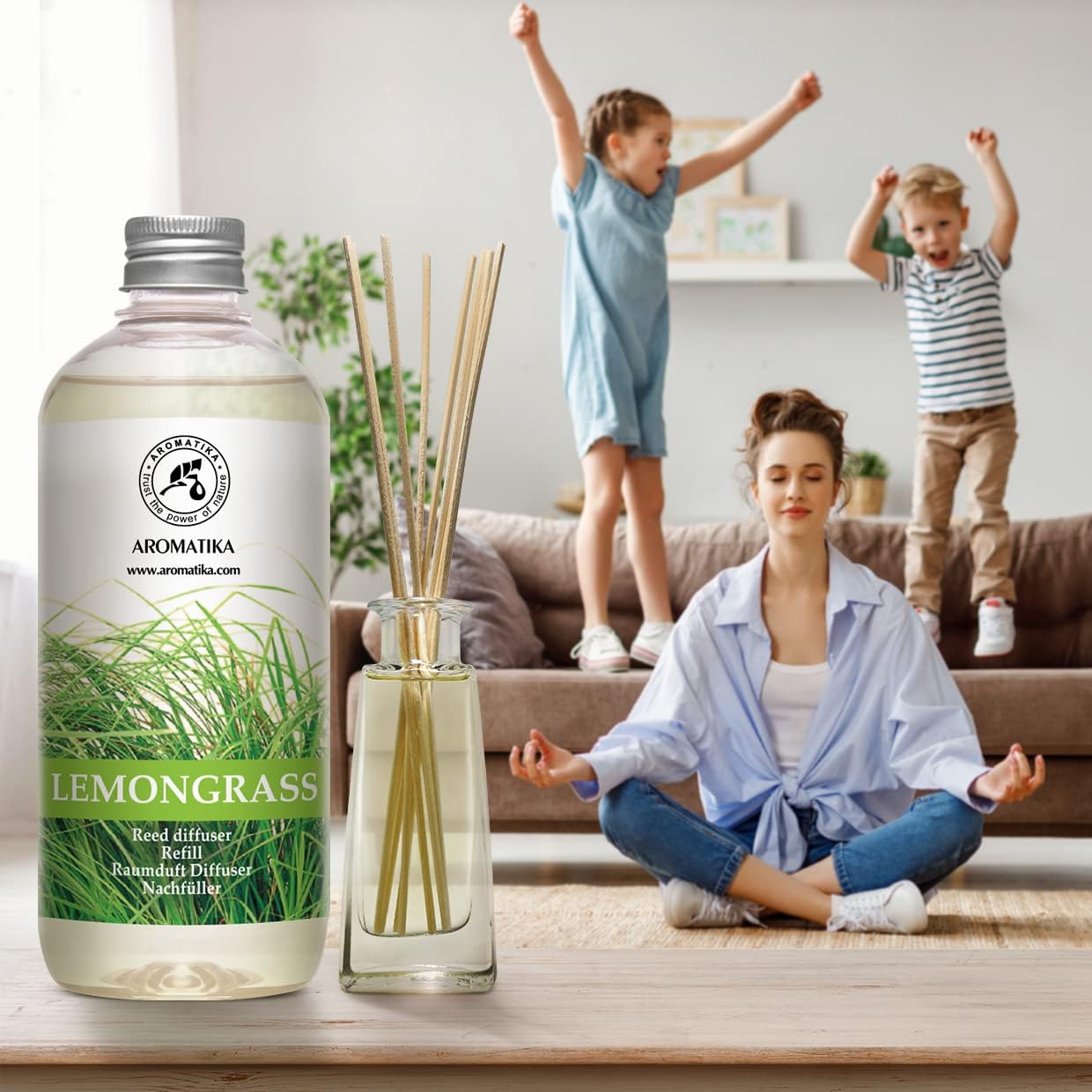 Lemongrass Diffuser Refill 34 Fl Oz (2x17 Fl Oz) - Fresh & Long Lasting Fragrance - Refill with Natural Essential Lemongrass Oil - for Aromatherapy - Spa - Home - Reed Diffuser Oil Refill Lemongrass