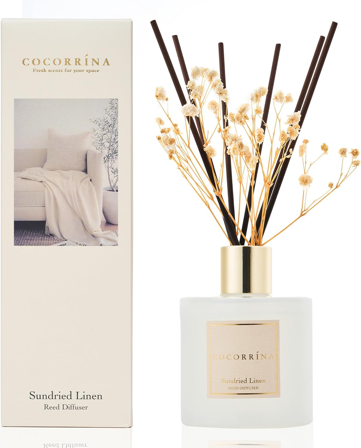 COCORRÍNA Reed Diffuser Set, 6.7 oz Clean Linen Scented Diffuser with Sticks Home Fragrance Reed Diffuser for Bathroom Shelf Decor