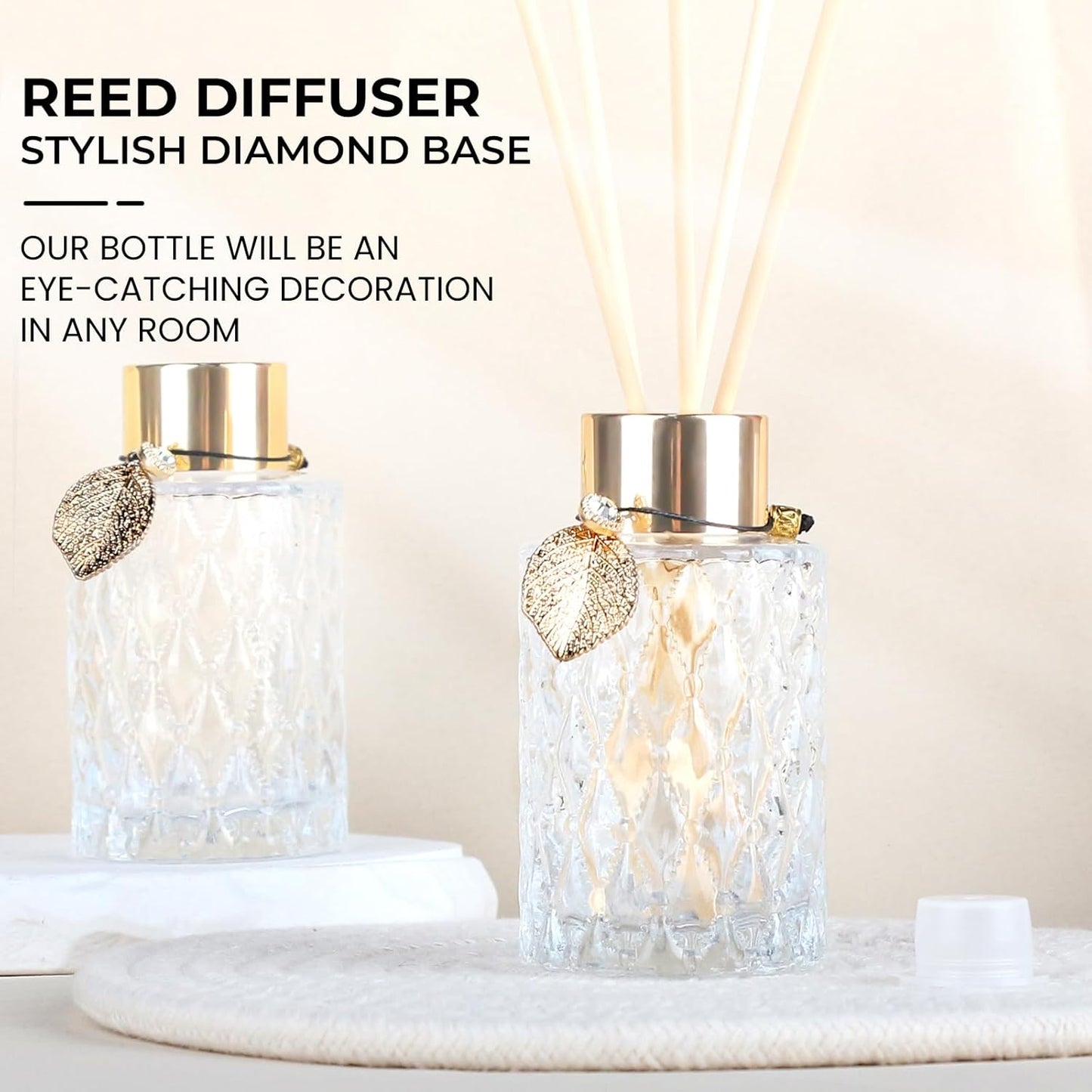 Trifolic Reed Diffuser Set with Metal Golden Decoration, 3.5-4.2oz Empty Reed Diffuser Bottles with 20Pcs Reed Diffuser Sticks, Unique Design Bottles for Home and Office
