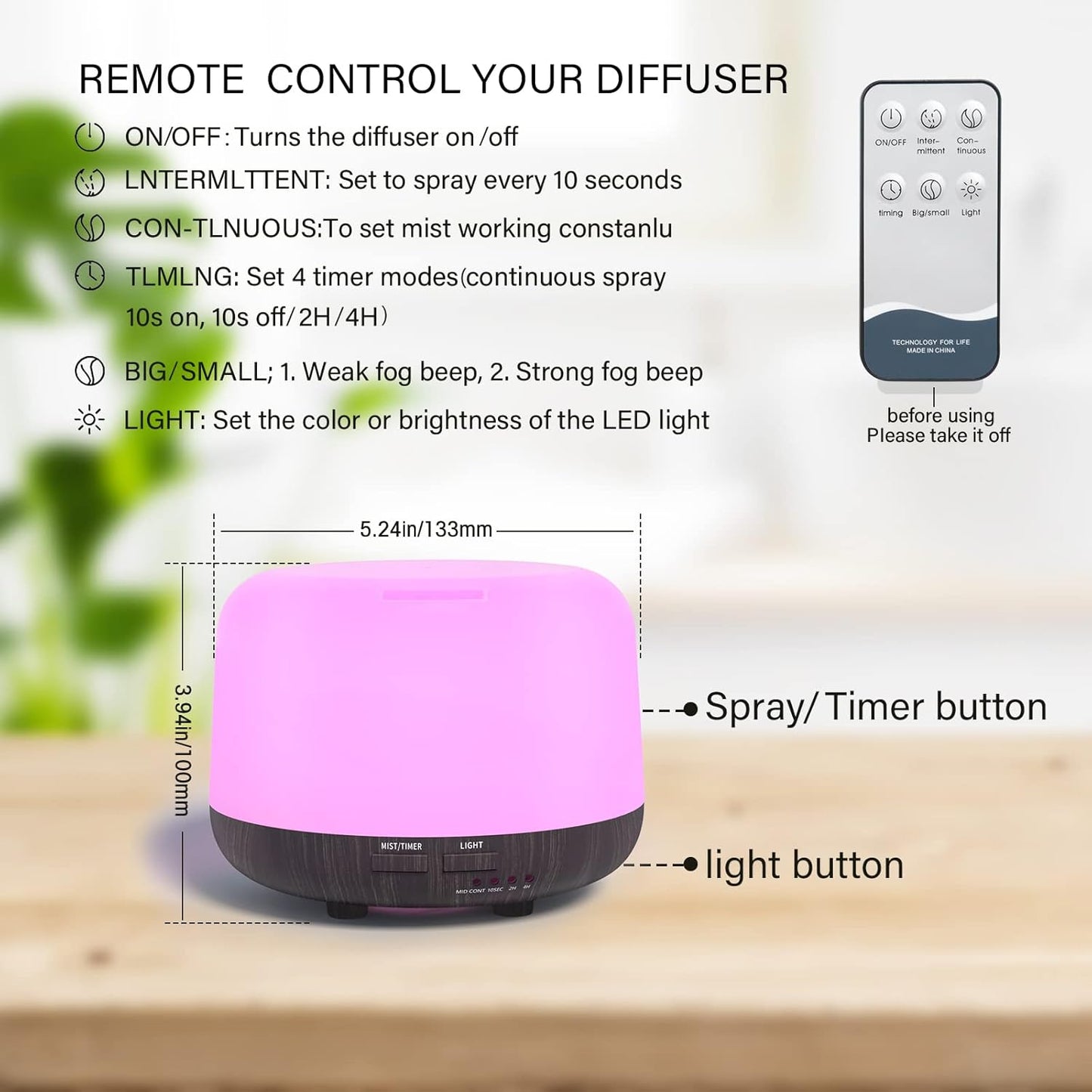 SPLITSKY Aromatherapy Essential Oil Home Diffuser with Remote Control, 300ML Large Room Cool Mist Air Humidifier, 8 Hours Quiet Operation, Timer, 7 Colors LED Night Night,Suitable Home,Yoga.