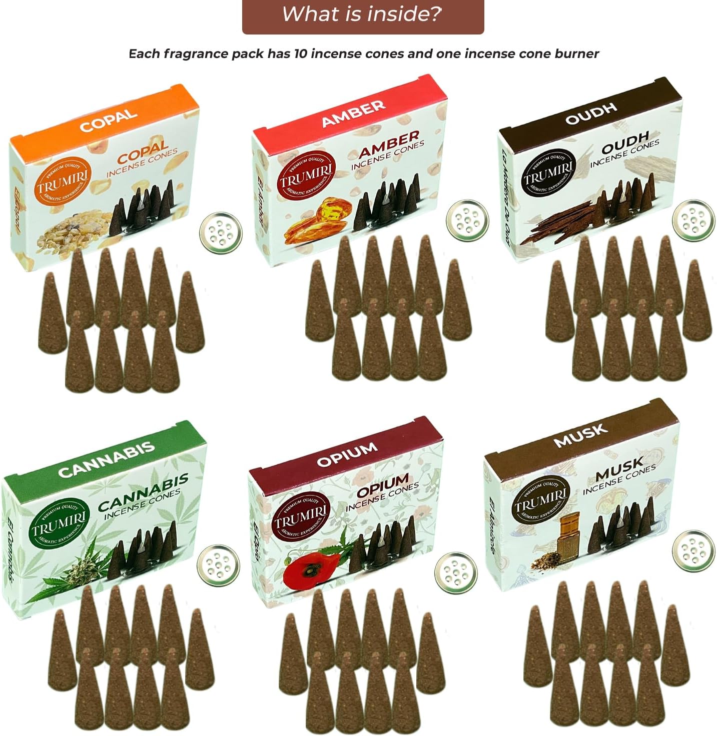 Trumiri Woody Incense Cones - Variety Pack - Total 60 Cone Incense (6 Scents x 10 Conos) - White Sage, Palo Santo, Dragons Blood, Sandalwood - Inscents-Cones Scented - Insense Cones - Incent Cone