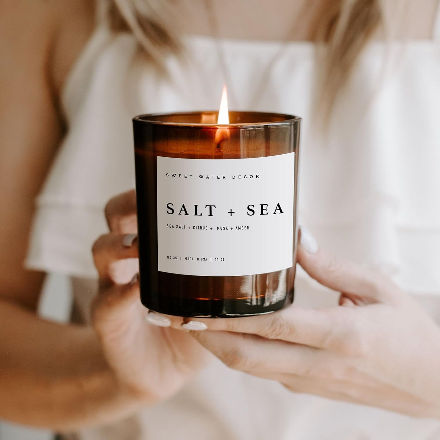 Sweet Water Decor Salt and Sea Candle - Sea Salt, Citrus, Amber, Musk, Beach Scented Soy Candles for Home - 11oz White Glass Jar Wood Lid, 50 Hour Burn Time, Made in the USA