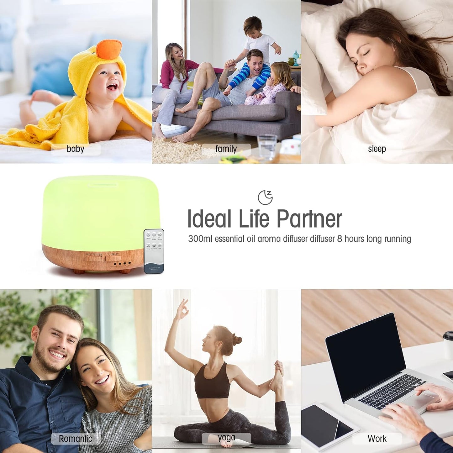 SPLITSKY Aromatherapy Essential Oil Home Diffuser with Remote Control, 300ML Large Room Cool Mist Air Humidifier, 8 Hours Quiet Operation, Timer, 7 Colors LED Night Night,Suitable Home,Yoga.