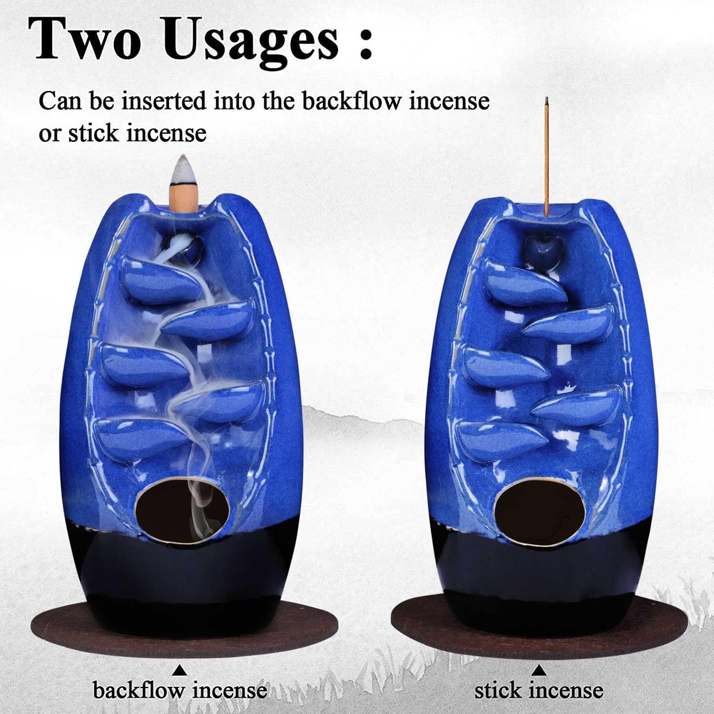 SPACEKEEPER Ceramic Backflow Incense Holder and Burner Waterfall, with 120 Backflow Incense Cones 30 Incense Stick, Aromatherapy Ornament Home Decor, Blue Set