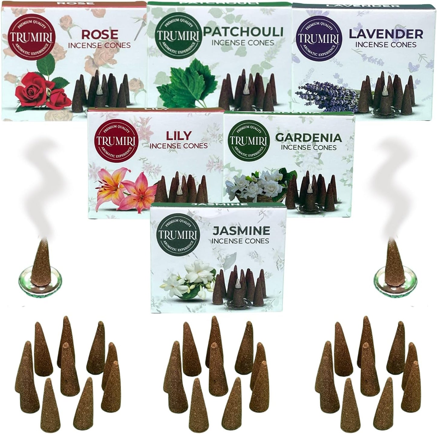Trumiri Woody Incense Cones - Variety Pack - Total 60 Cone Incense (6 Scents x 10 Conos) - White Sage, Palo Santo, Dragons Blood, Sandalwood - Inscents-Cones Scented - Insense Cones - Incent Cone