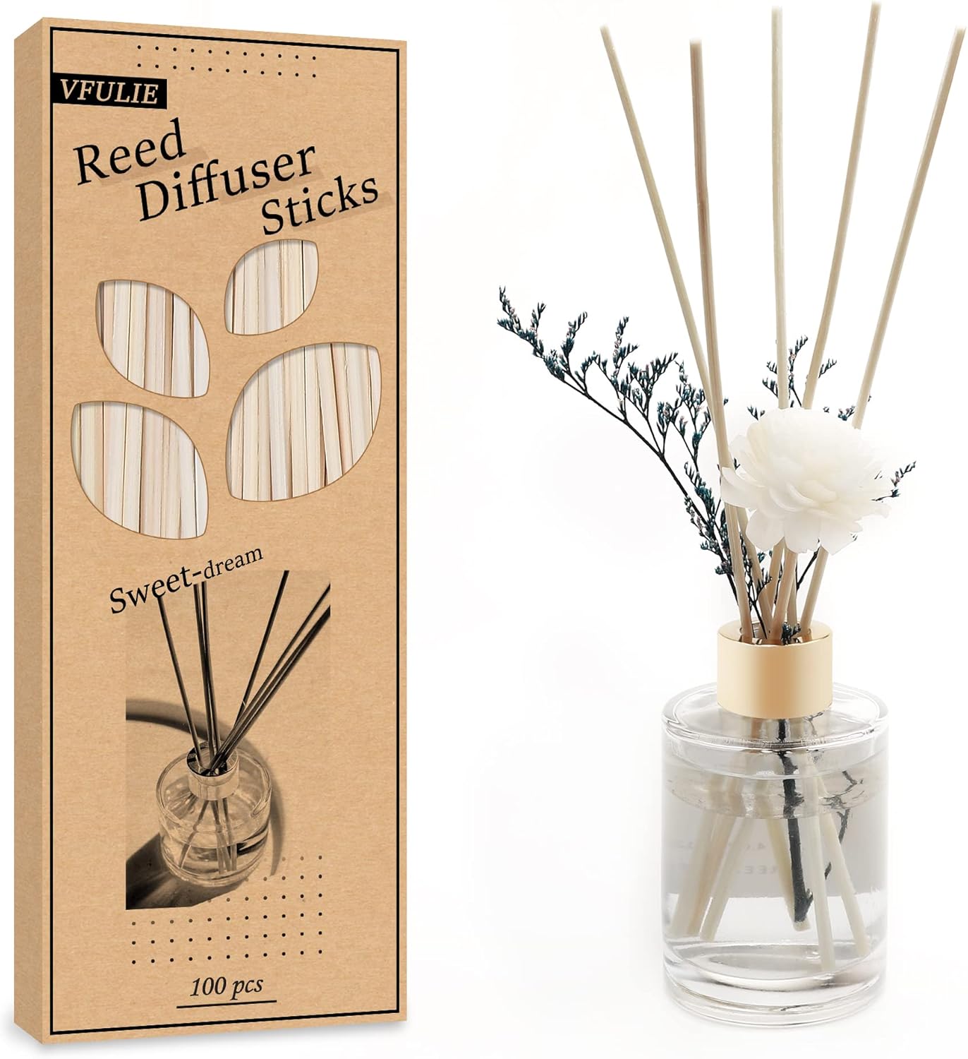 VFULIE 100PCS Reed Diffuser Sticks, 10 Inch Natural Rattan Wood Sticks Essential Oil Aroma Diffuser Sticks Refill Replacement for Aroma Fragrance (Primary Color)