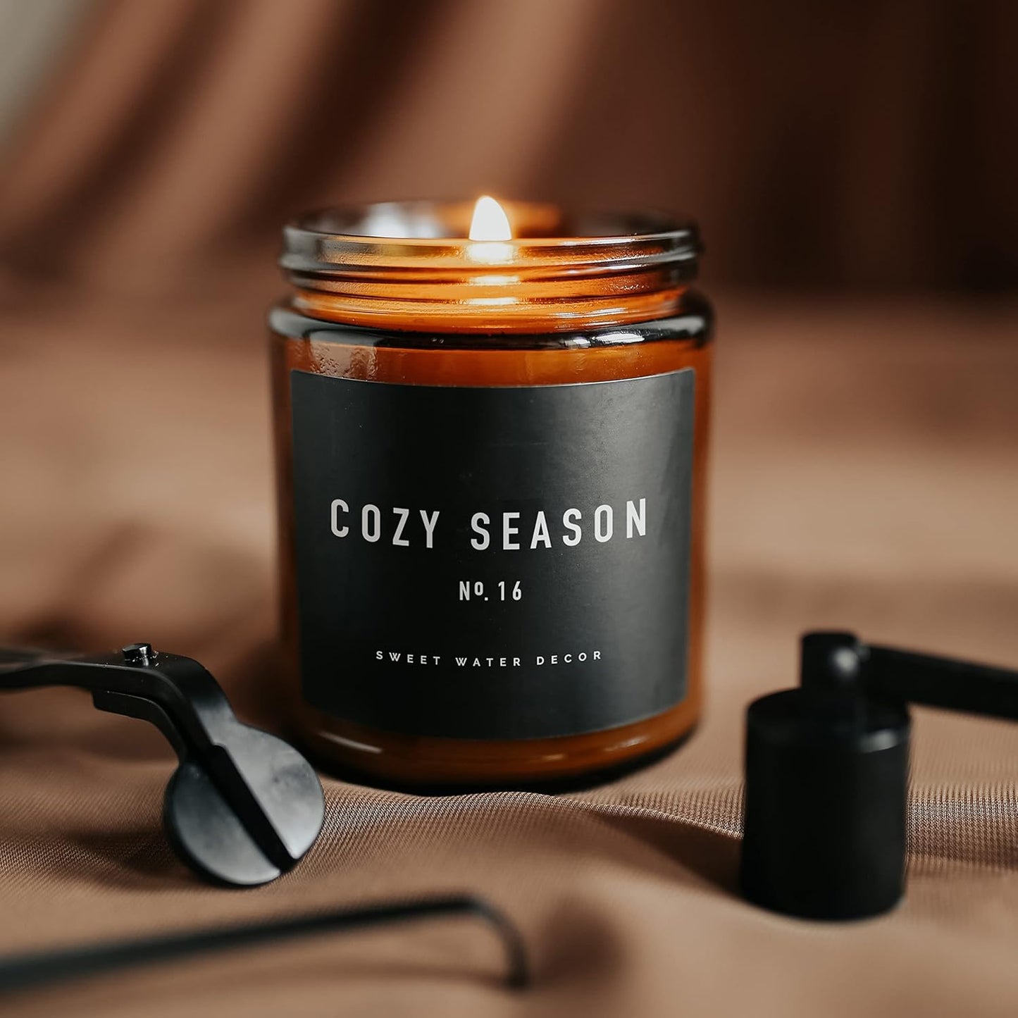Sweet Water Decor Warm and Cozy Soy Candle - Orange Peel, Cinnamon, Ginger and Clove Scented Candles for Home - 9oz Amber Jar Black Lid, 40 Hour Burn Time, Made in the USA
