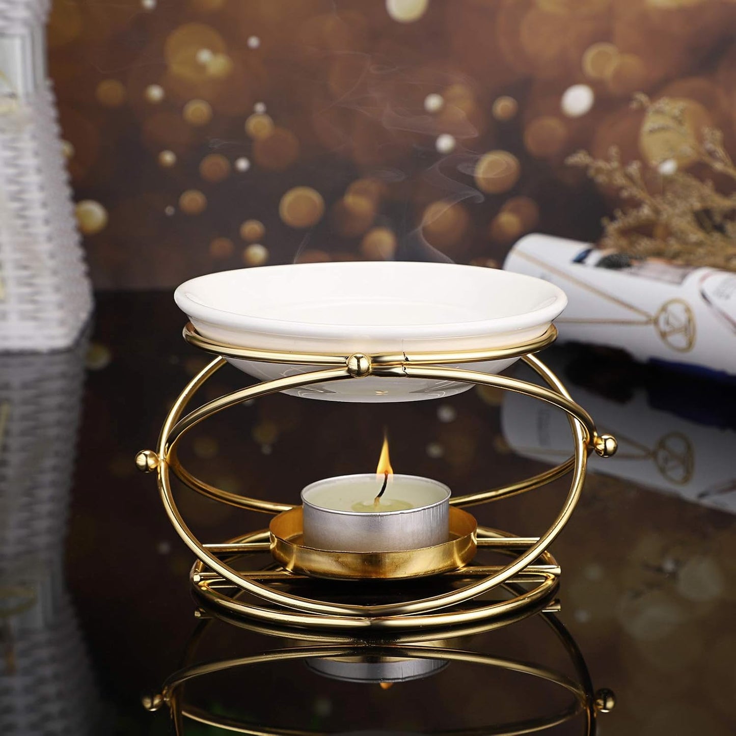 JuxYes European Metal Oil Burner Wax Warmer, Delicate Romantic Ceramic Tealight Candle Holder Oil Burner, Fragrance Warmer Aromatherapy Wax Candle Tart Burner Warmer Diffuser for Home Bedroom Décor