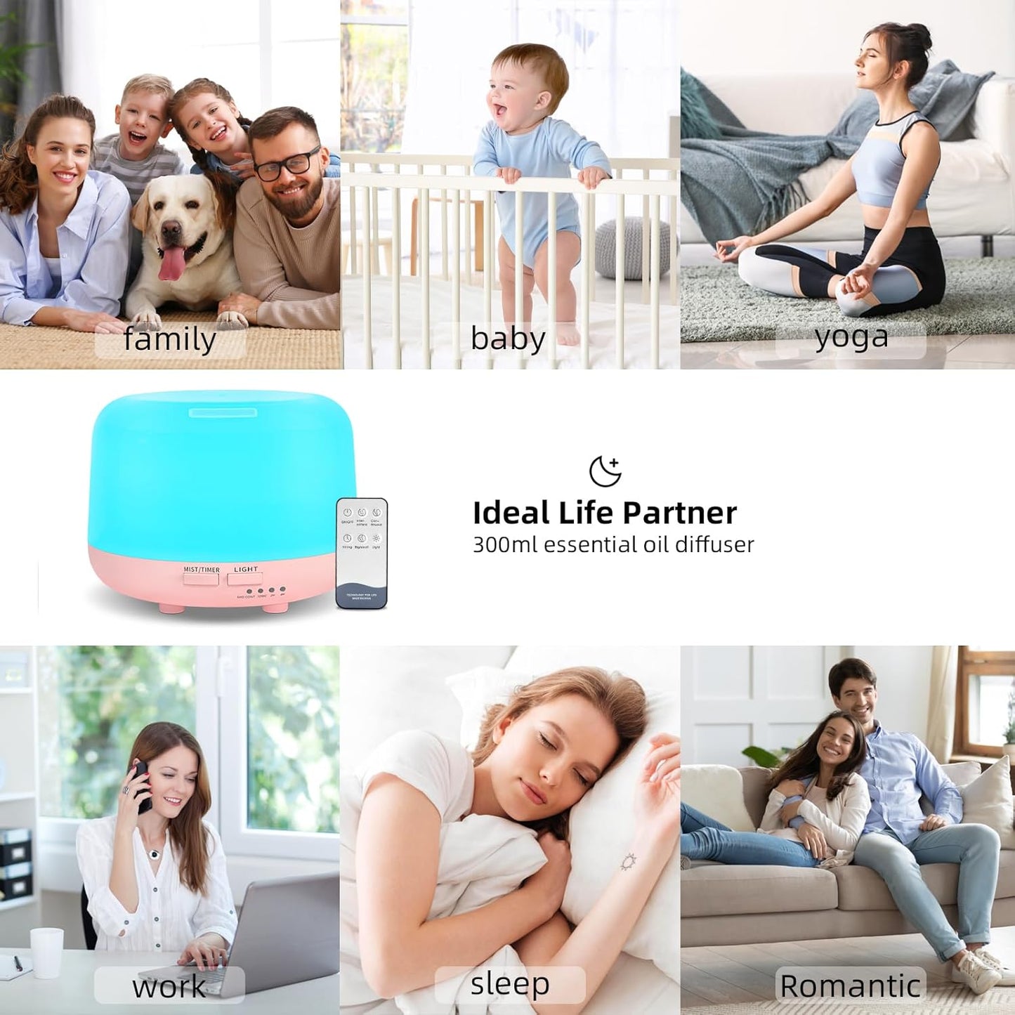 SPLITSKY Aromatherapy Essential Oil Home Diffuser with Remote Control, 300ML Large Room Cool Mist Air Humidifier, 8 Hours Quiet Operation, Timer, 7 Colors LED Night Night,Suitable Home,Yoga.