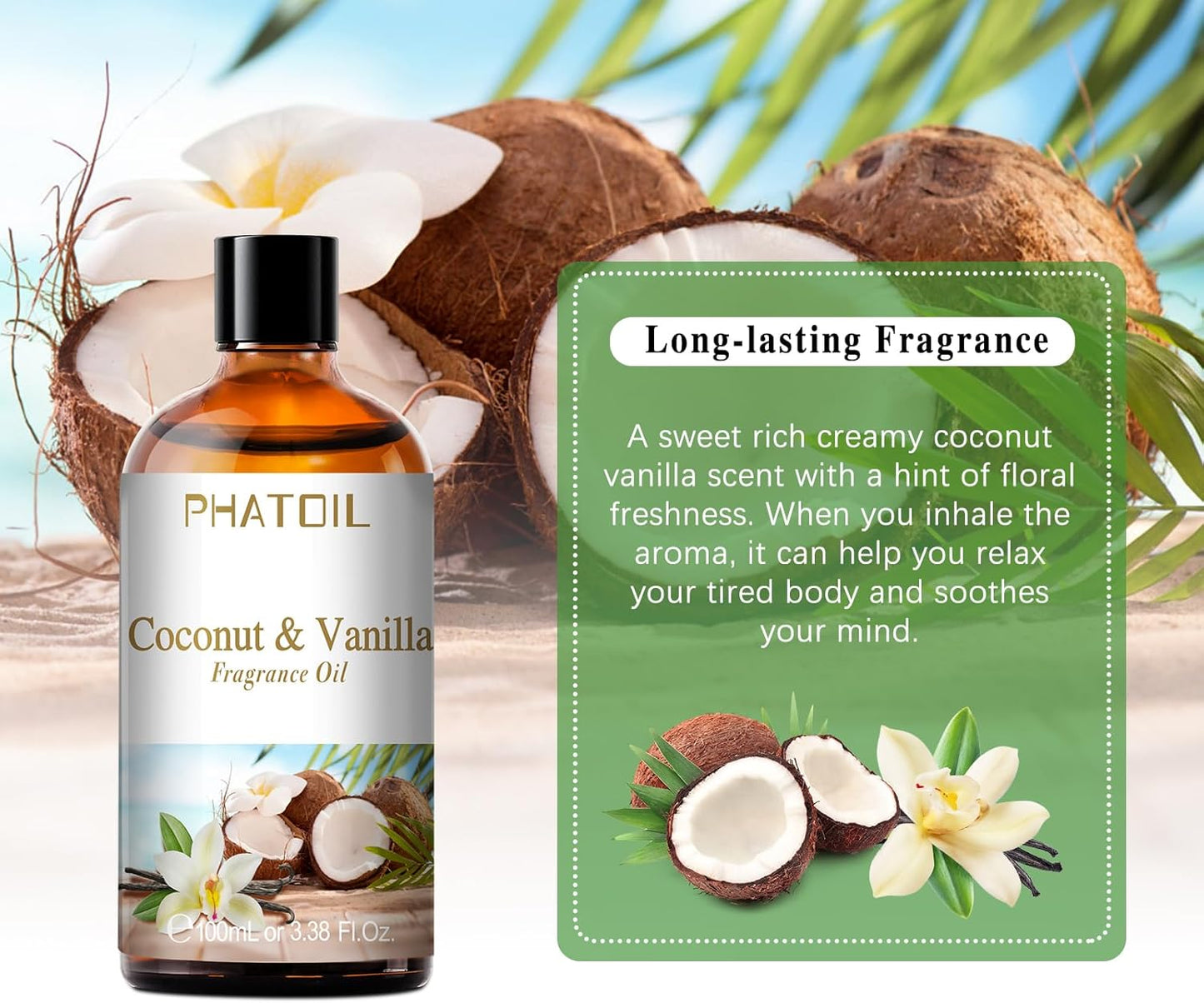 PHATOIL 3.38 FL.OZ Coconut & Vanilla Fragrance Oils for Aromatherapy, Essential Oils for Diffusers for Home, Perfect for Diffuser, Yoga, DIY Candle and Soap Making - 100ml