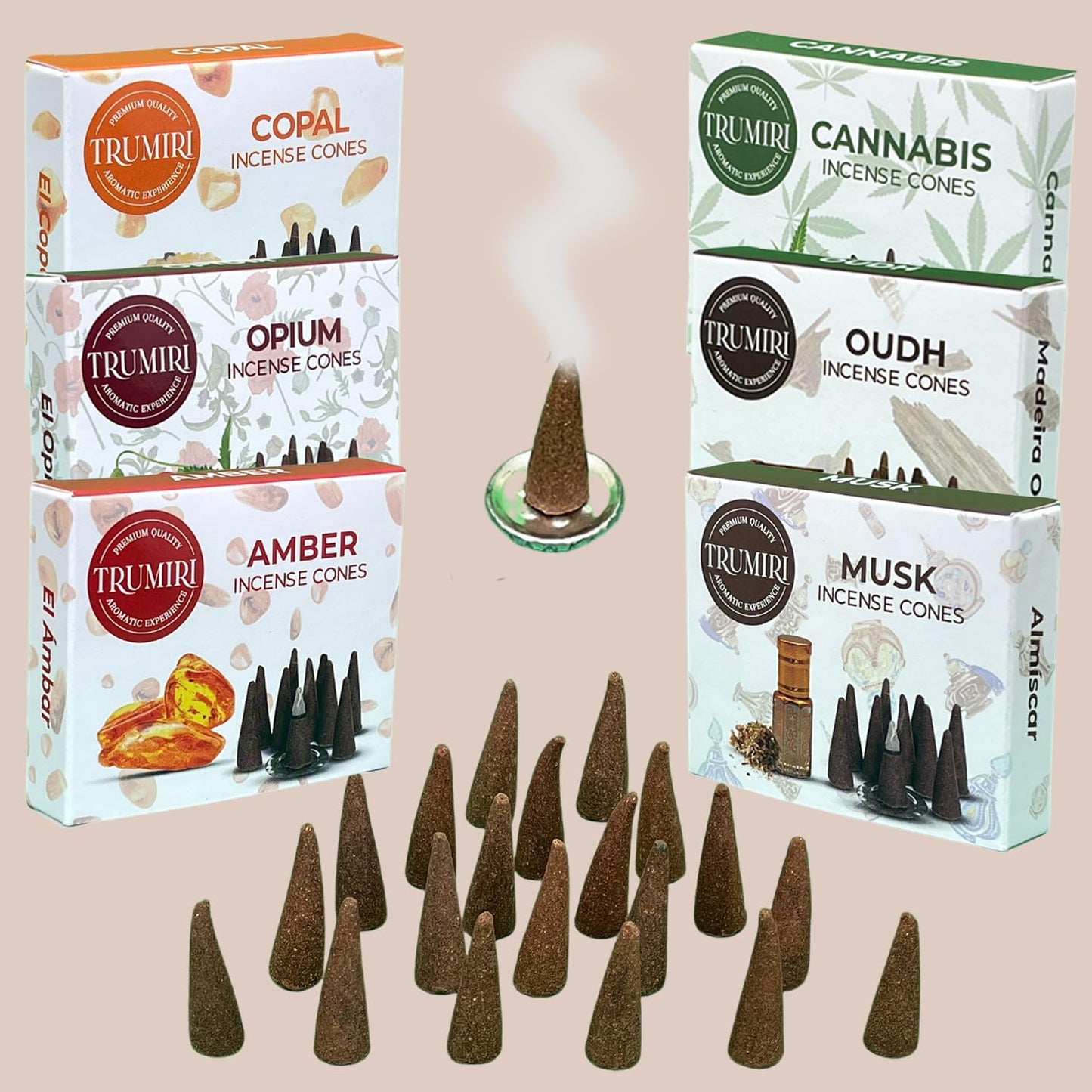 Trumiri Woody Incense Cones - Variety Pack - Total 60 Cone Incense (6 Scents x 10 Conos) - White Sage, Palo Santo, Dragons Blood, Sandalwood - Inscents-Cones Scented - Insense Cones - Incent Cone